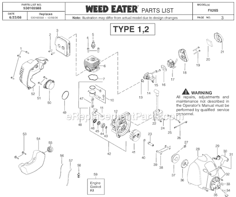 Page A Diagram and Parts List for FX26S Type 1 Weed Eater Trimmer